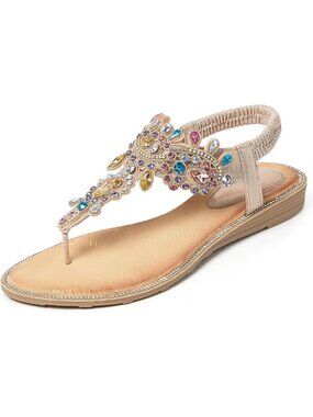 Sparkly Rhinestone Flat Thong Sandals for Women | Boho Style with Elastic Ankle